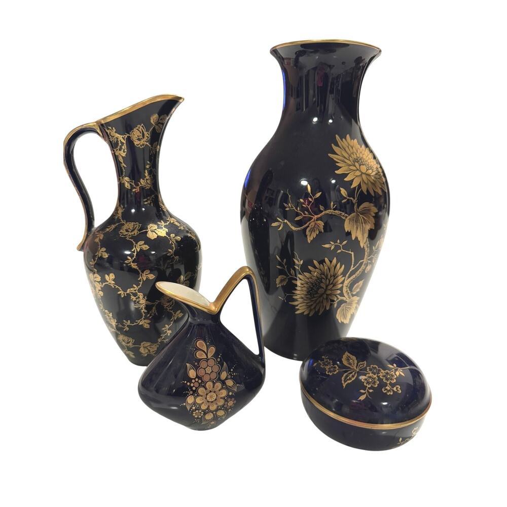 Vintage 1950s Bavarian Cobalt Blue Porcelain Vase Set with Gold Floral Trim